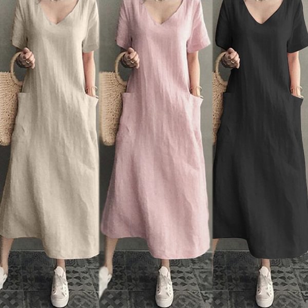 Women Short Sleeve V Neck Long Party Dress Ethnic Shirt Beach Sundress Midi Dress - Shop Trendy Women's Clothing | LoverChic