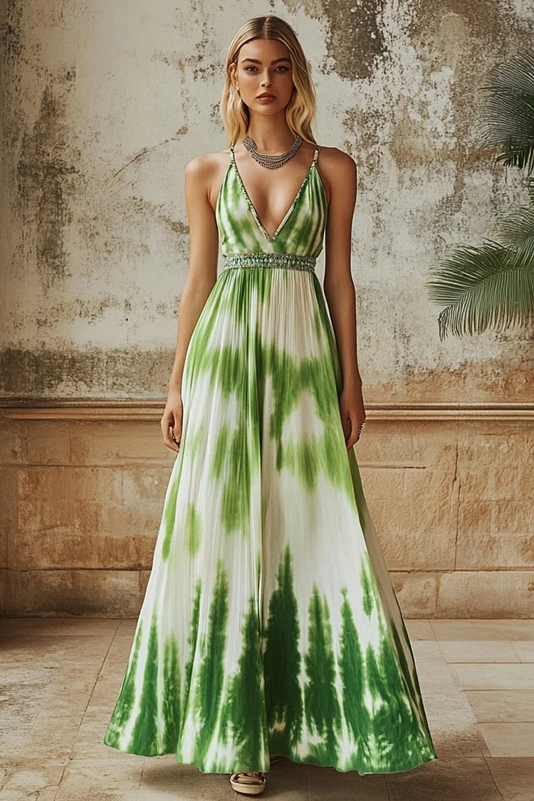 Tie Dye Print V Neck Vacation A-Line Maxi Slip Dresses-Green [Pre Order]