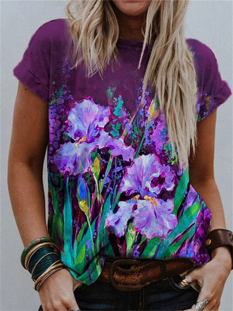 Comstylish Women's Elegant Purple Iris Art Round Neck T-Shirt