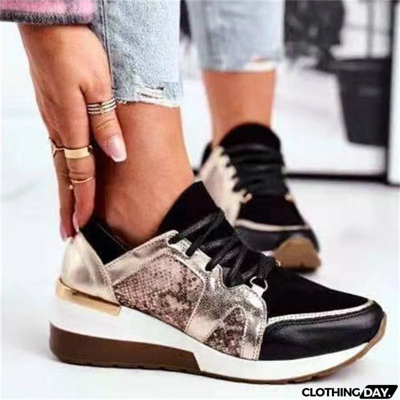 Women's Stylish Contrast Color Lace Up Wedge Shoes