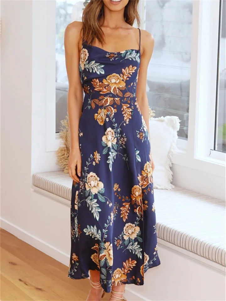 Women's Slim Slit Sleeveless Sexy Backless Print Sling Dress