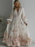 Women's Vintage Floral Embroidery Art Linen Blend V-neck Dress