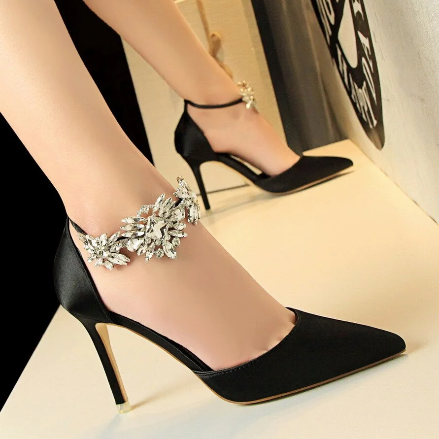 European and American style high heel women's shoes with high heel satin shallow mouth pointed rhinestone word with sandals