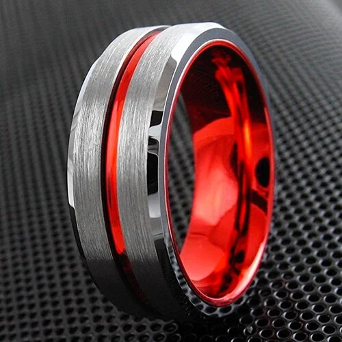 6MM 8MM Women's Or Men's Tungsten Carbide Wedding Matching Rings Silver Matte Top with Red Groove Center and Inside Beveled Edges