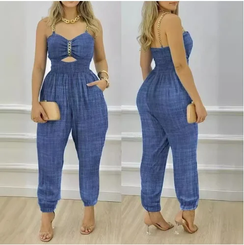 Mongw Mongw Women's New Cotton And Linen Jeans Blue Chain Sling Casual Bag To Pull The Back Wrapped Chest Jumpsuit