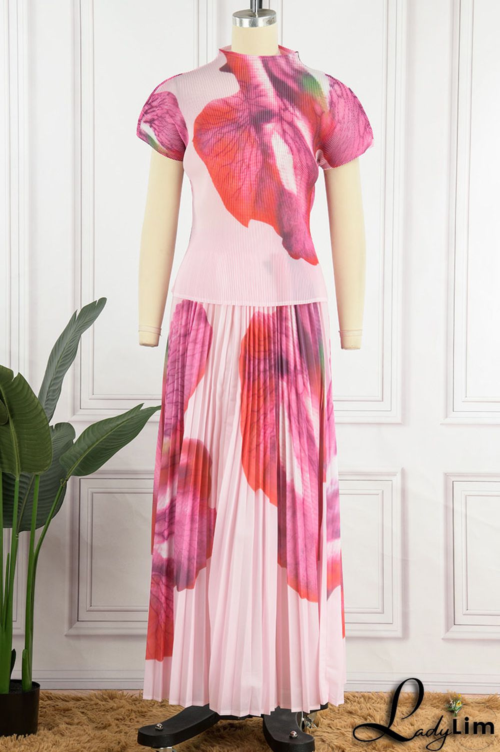 Apricot Casual Elegant Gradual Change Print Patchwork Fold O Neck Short Sleeve Two Pieces
