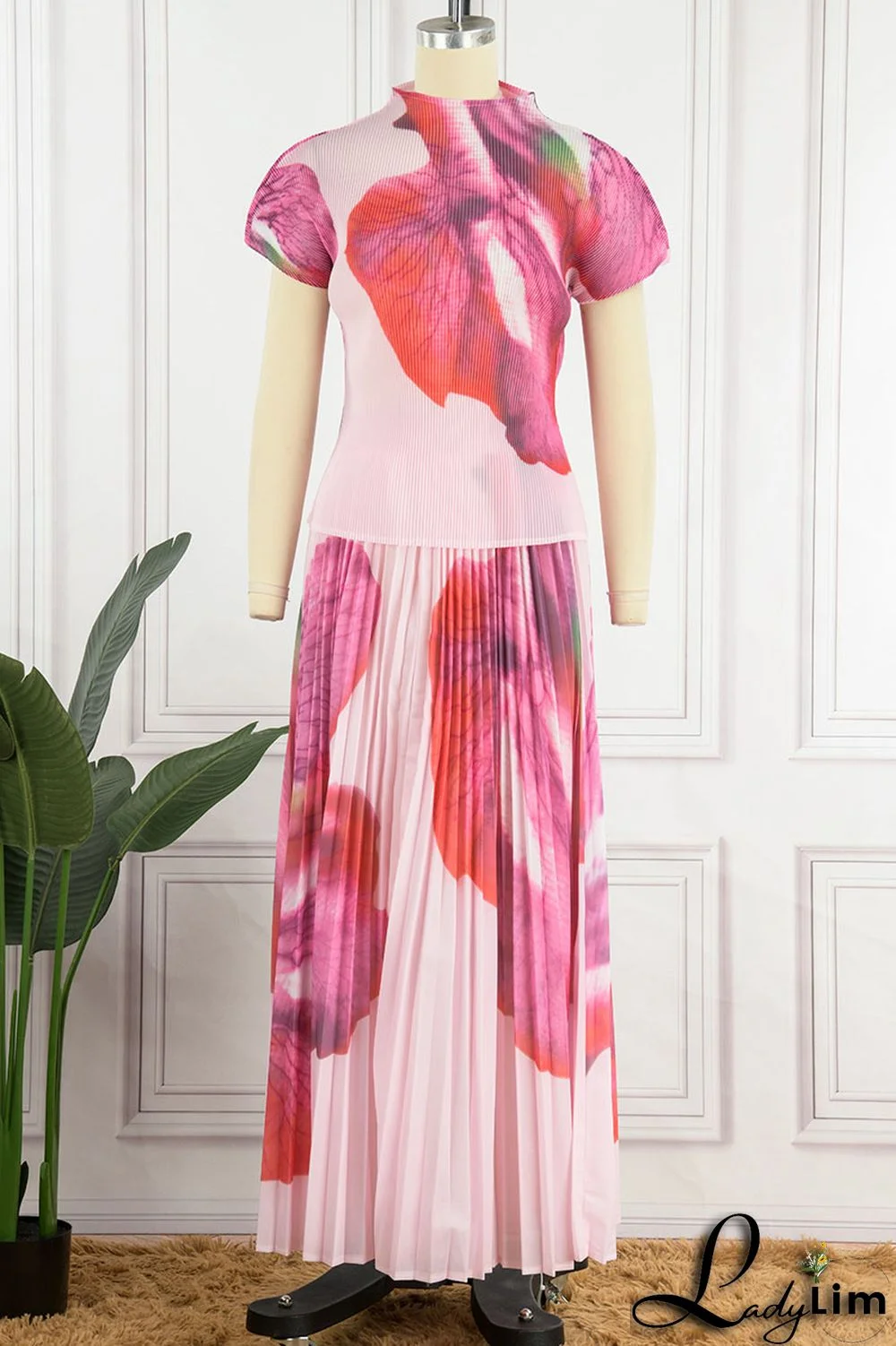 Apricot Casual Elegant Gradual Change Print Patchwork Fold O Neck Short Sleeve Two Pieces