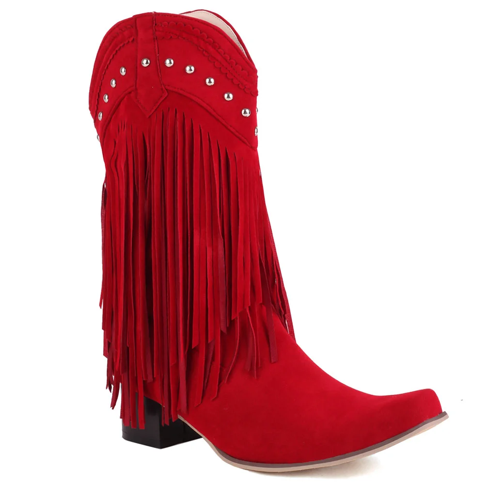 Qengg New Arrival Cowboy Western Long knee-high Boots Women Stacked Heeled Fringe Retro Casual Ridding Boots Autumn Shoes