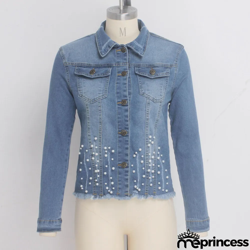 Casual Pearls Long Sleeves Denim Jacket Coat