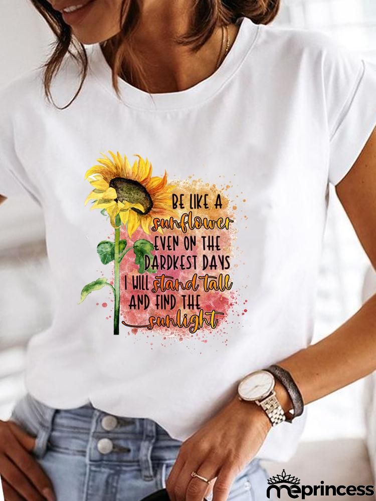 Women Fashion Base Letter Sunflower Cross Print Round Neck Short Sleeve T-Shirt