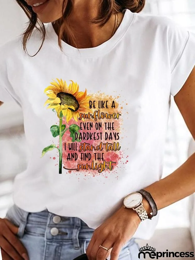Women Fashion Base Letter Sunflower Cross Print Round Neck Short Sleeve T-Shirt