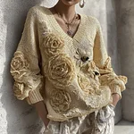 Women's Rose And Bee Knitted Warm V-neck Sweater - Image 2