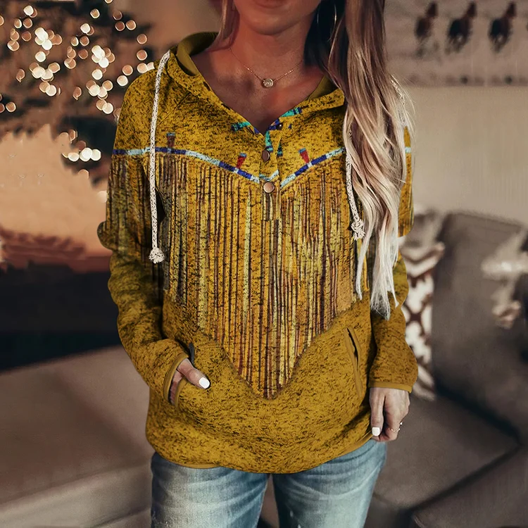 Western Fringe Print Long Sleeve Hoodie