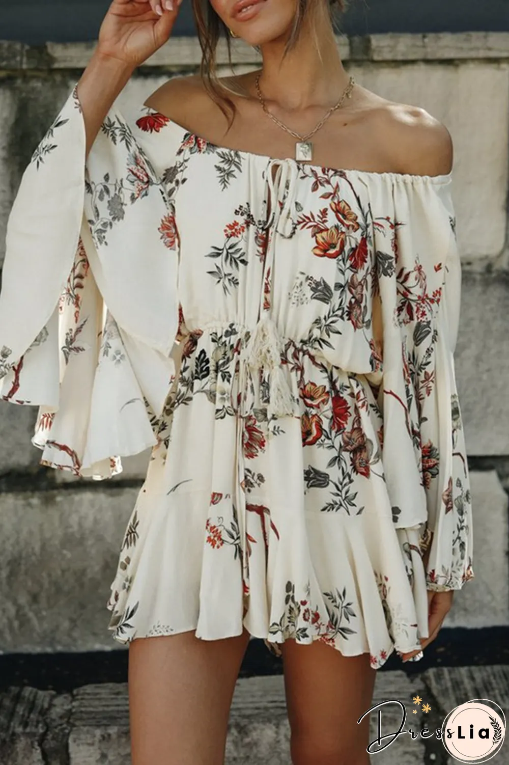 Fashion Casual Floral Split Joint Frenulum Off the Shoulder A Line Dresses