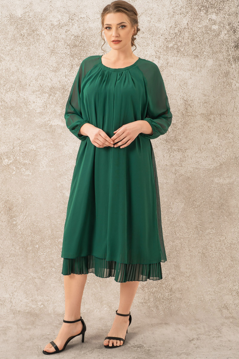 Flycurvy Plus Size Mother Of The Bride Green Pleated Elastic Cuff Tea-Length Dress