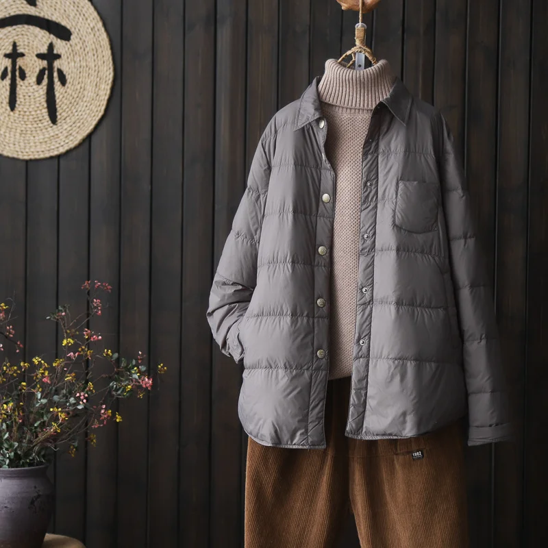 Toloer Literary Pure Color Shirt Collar Light Down Jacket Shirt Female Autumn And Winter 2024 New White Duck Down Fashion Down Jacket Coat-Outfit Ideas