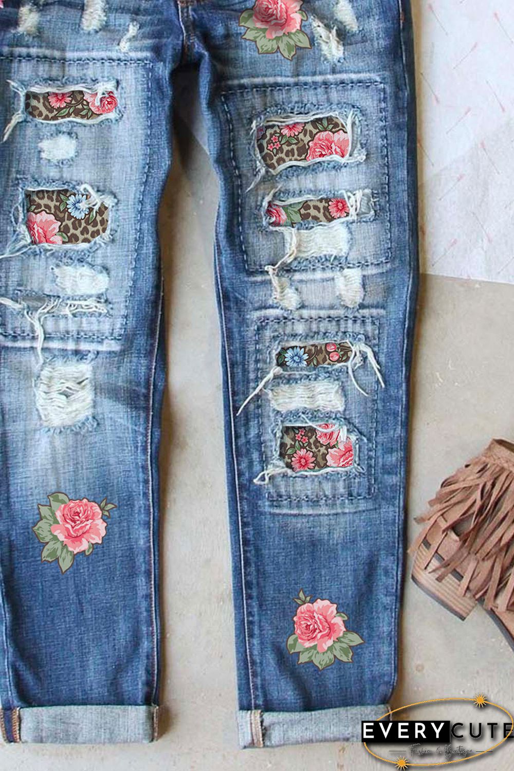 Sky Blue Floral Leopard Print Splicing Distressed Denim Pants