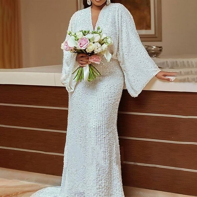 African Americans fashion QFY 2022 New Wedding Party Bridal Dress Evening Gowns African Plus Size Long Sleeve Dresses Ankara Dashiki Outfit Kaftan Abayas Ankara Style QueenFunky