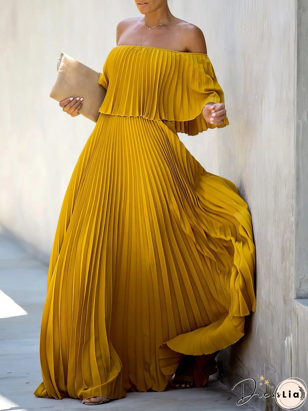 Boat Neck One-Shoulder Pleated Chiffon Dress