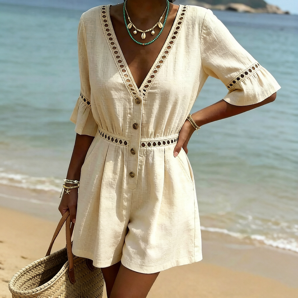 Women's Vintage Hollow-out Design Cotton Linen Mini Jumpsuit wearshes