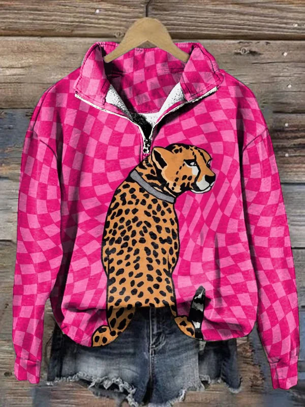 Casual Plaid Cheetah Print Loose Zipper Lapel Sweatshirt