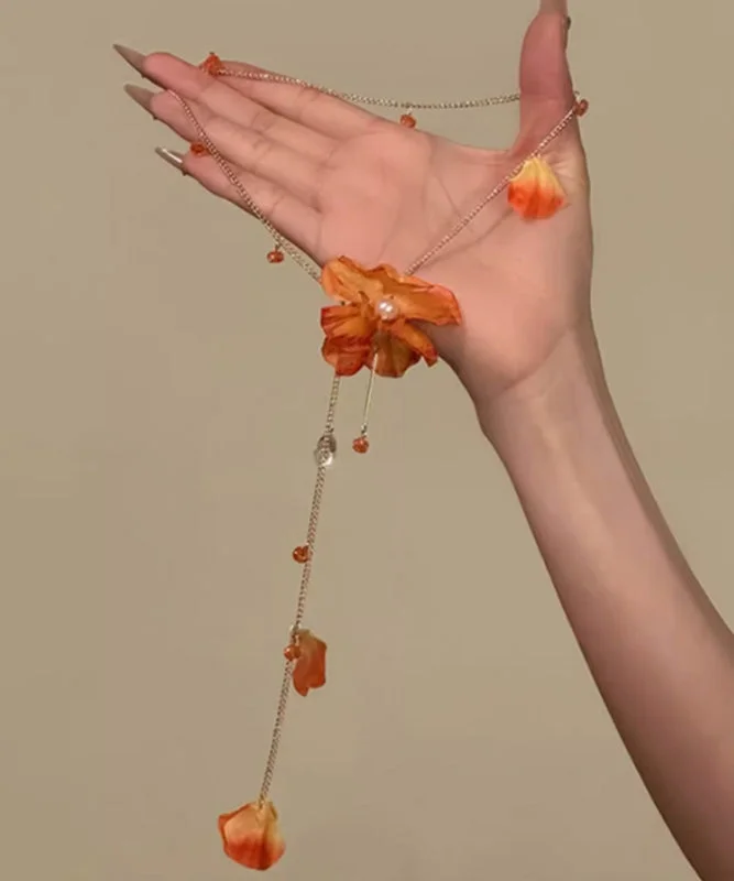 Beach Orange Alloy Floral Tassel Pendant Necklace