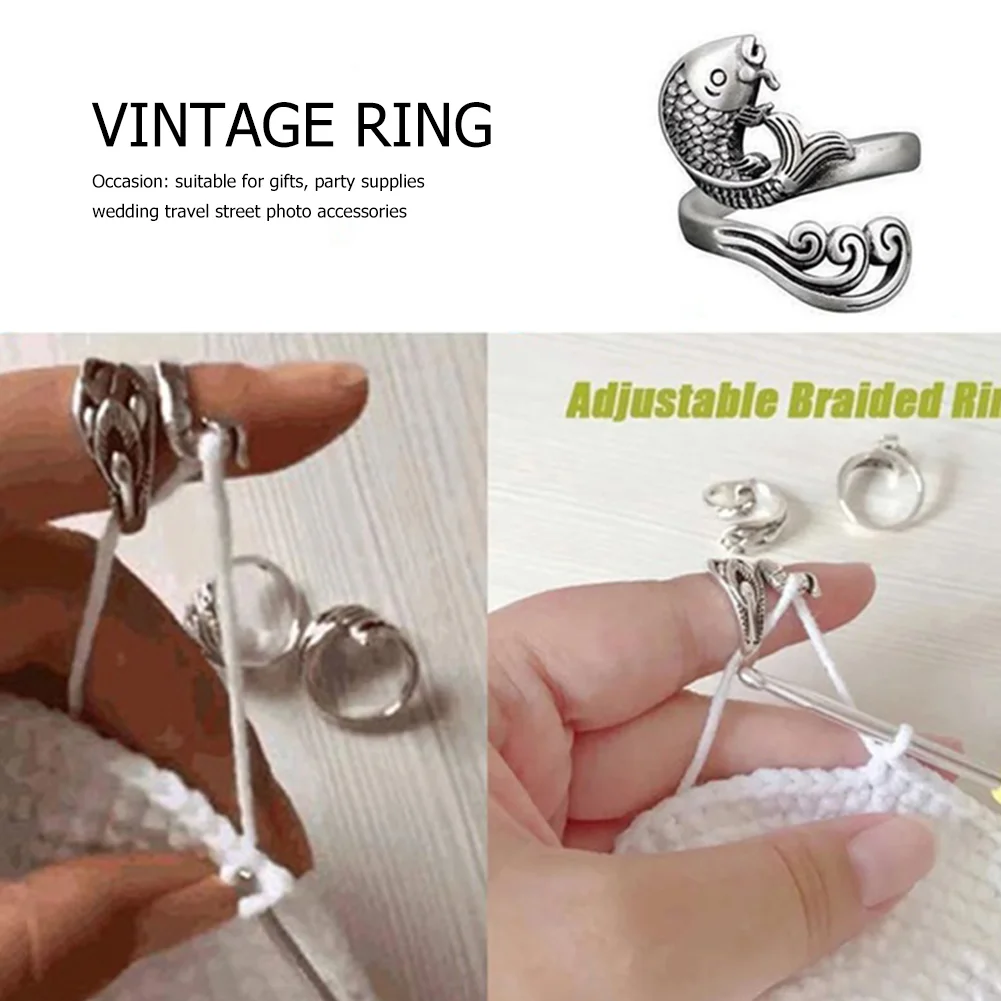 Women Vintage Opening Alloy Ring Adjustable Thimble Crochet Loop (Koi Fish)
