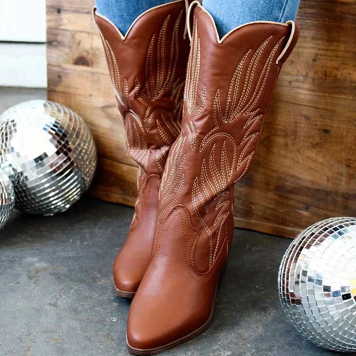 Brown Stacked Heel Embroidered Mid Calf Cowgirl Boots with Pull Tab