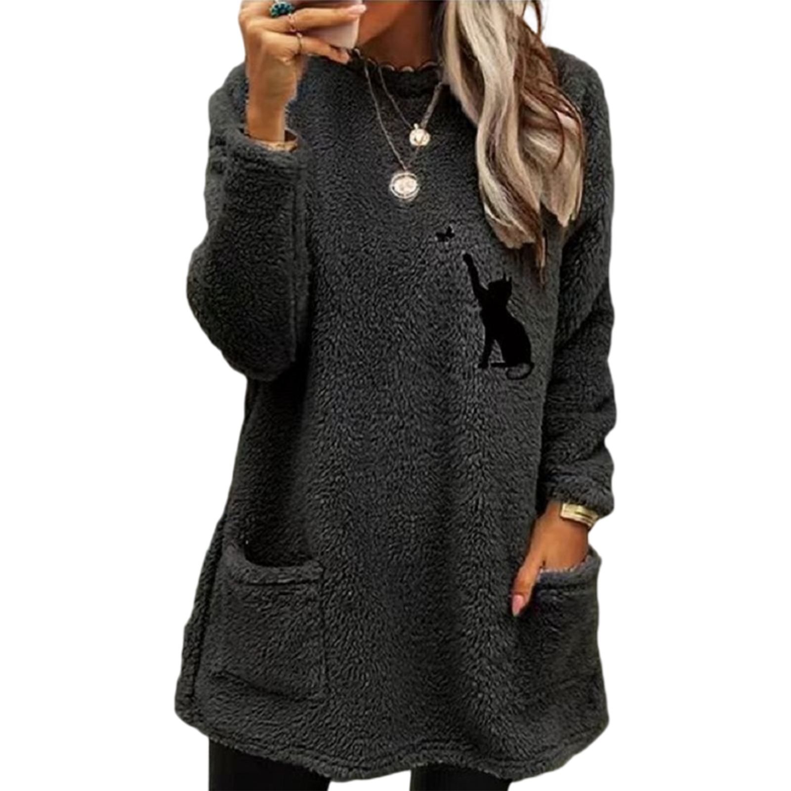 O-Neck Long Sleeves Mid-Length Solid Color Loose Plush Pullover
