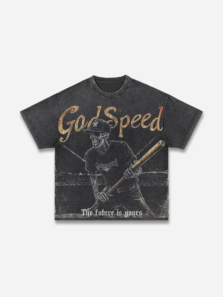 God Speed ​​skeleton Baseball Vintage Graphic Acid Wash T-shirt