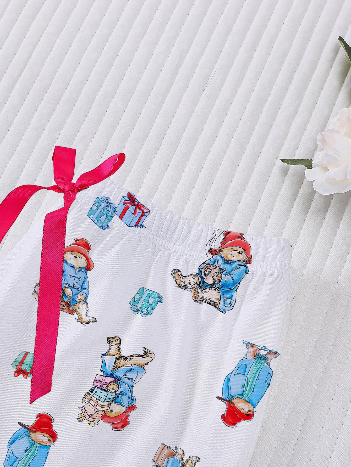 3-Piece Casual Women Pjs Pajama Set with Padding Bear Print, Short Sleeve Button-Up Top and Loose Shorts and Long Pants, Stylish Comfortable Sleepwear & Loungewear for Everyday and Holiday