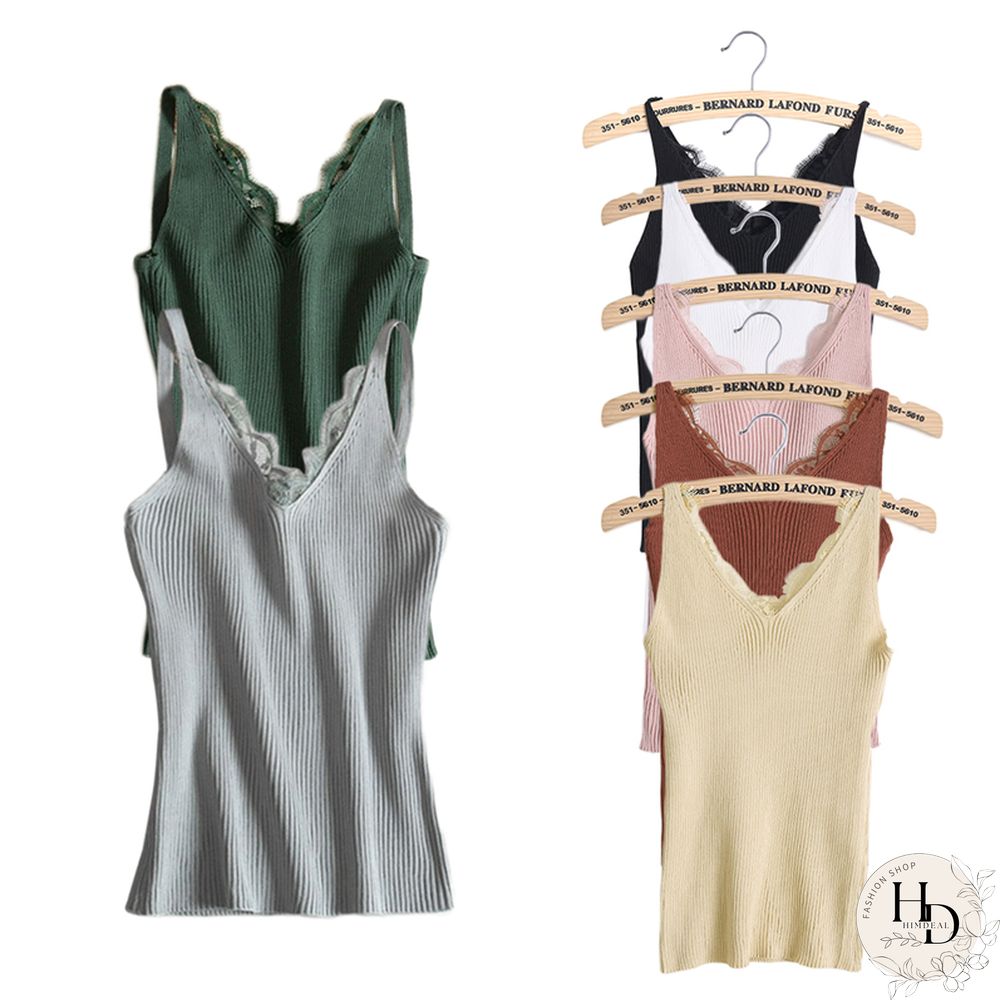 Sexy Women Plain Camisole Lace Splicing Double V Neck Vest Slim Sling Tank Tops