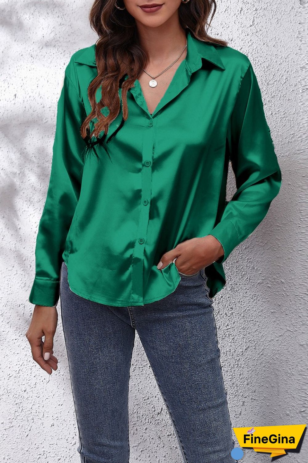 Green Casual Solid Basic Shirt Collar Tops
