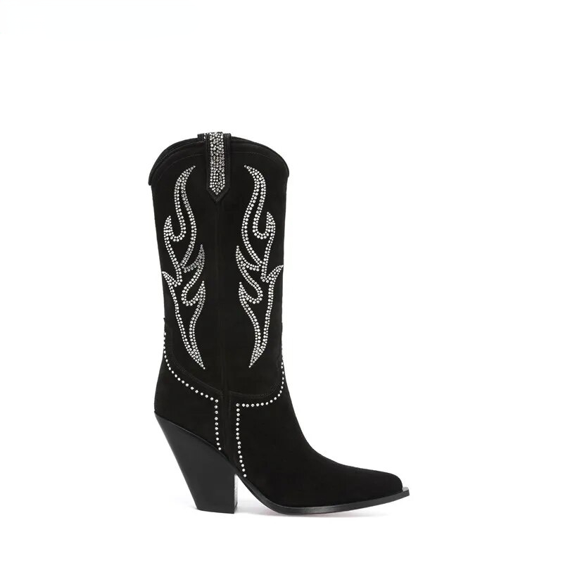 VCSHOES Women Crystal Black Suede Western Mid Calf Boots Wedge Heels Cowboy Cowgirl Boots Women Casual Shoes Woman
