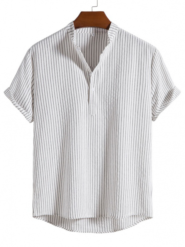 New Men's Stand-up Collar Striped Short-sleeved Shirt Loose Large Size Shirt