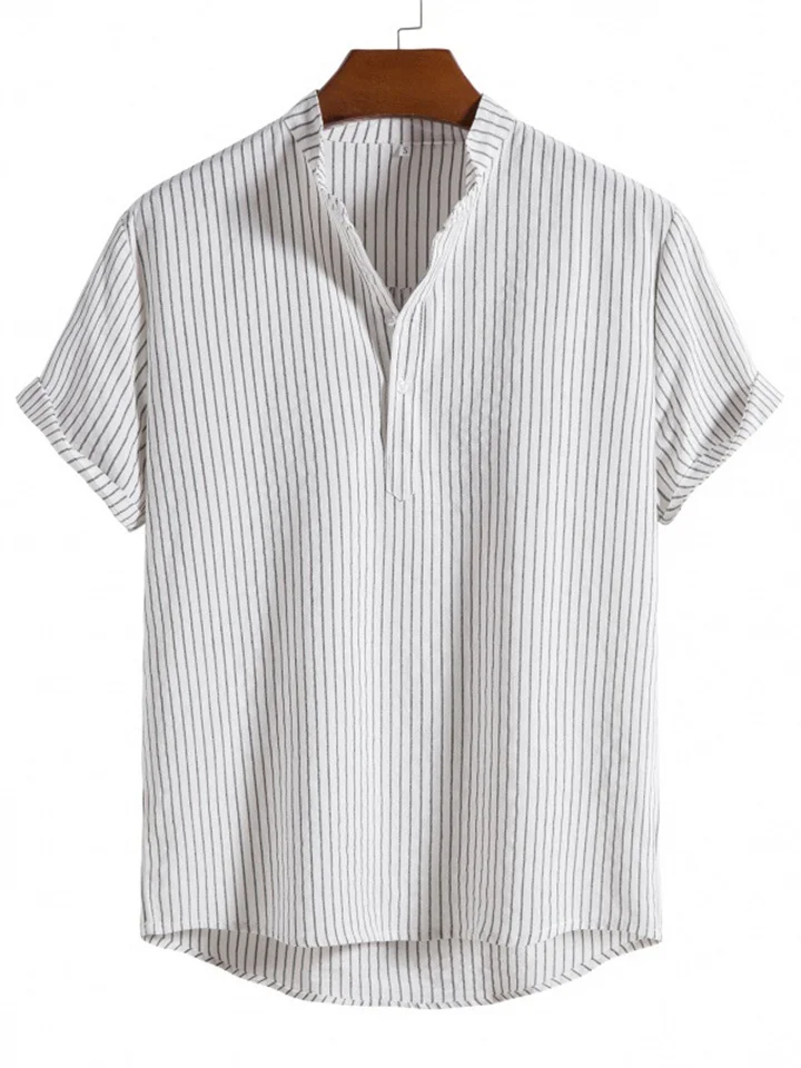 New Men's Stand-up Collar Striped Short-sleeved Shirt Loose Large Size Shirt