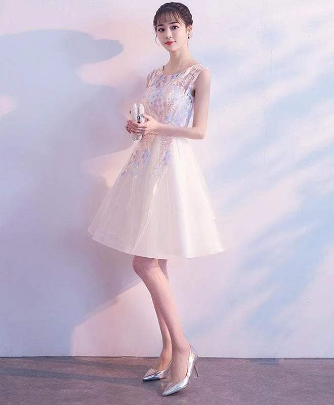 Light Champagne Tulle Lace Short Prom Dress, Tulle Homecoming Dress