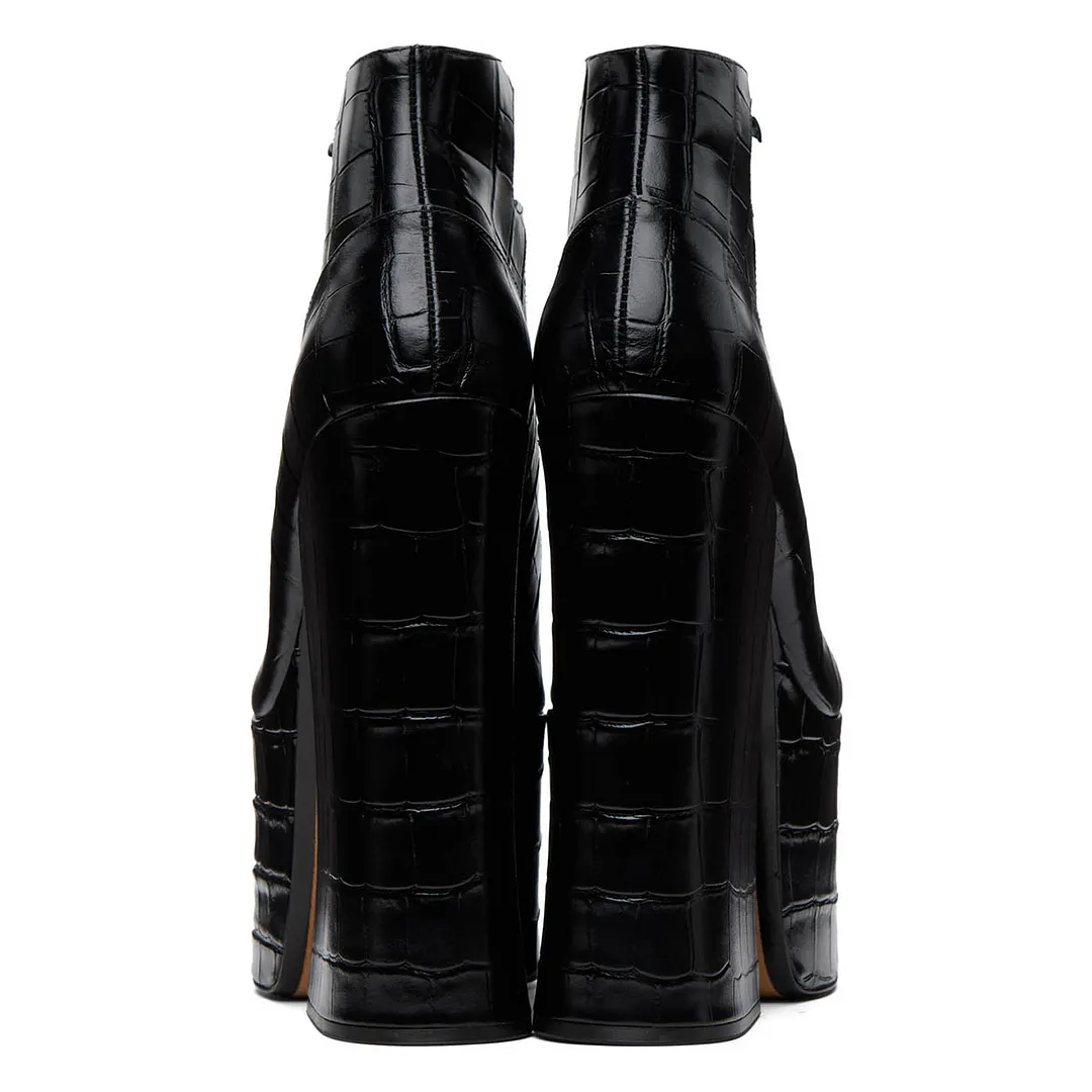 Black Croco Embossed Chunky Heel Buckle Strap Platform Pumps