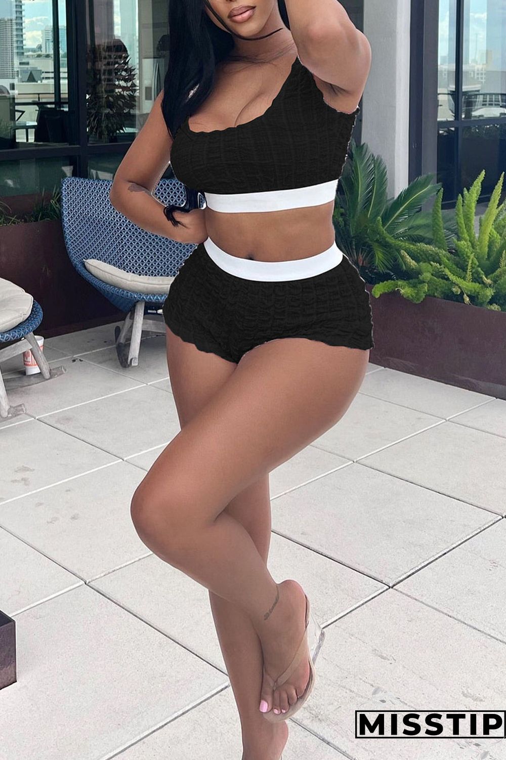 Black Sexy Solid Patchwork Spaghetti Strap Sleeveless Two Pieces