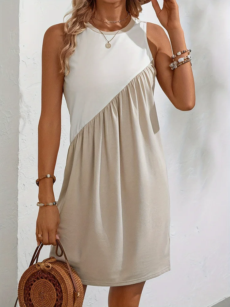 Casual Sleeveless Ruched Crew Neck - Color Block Tank Dress For Spring & Summer - Women's Clothing