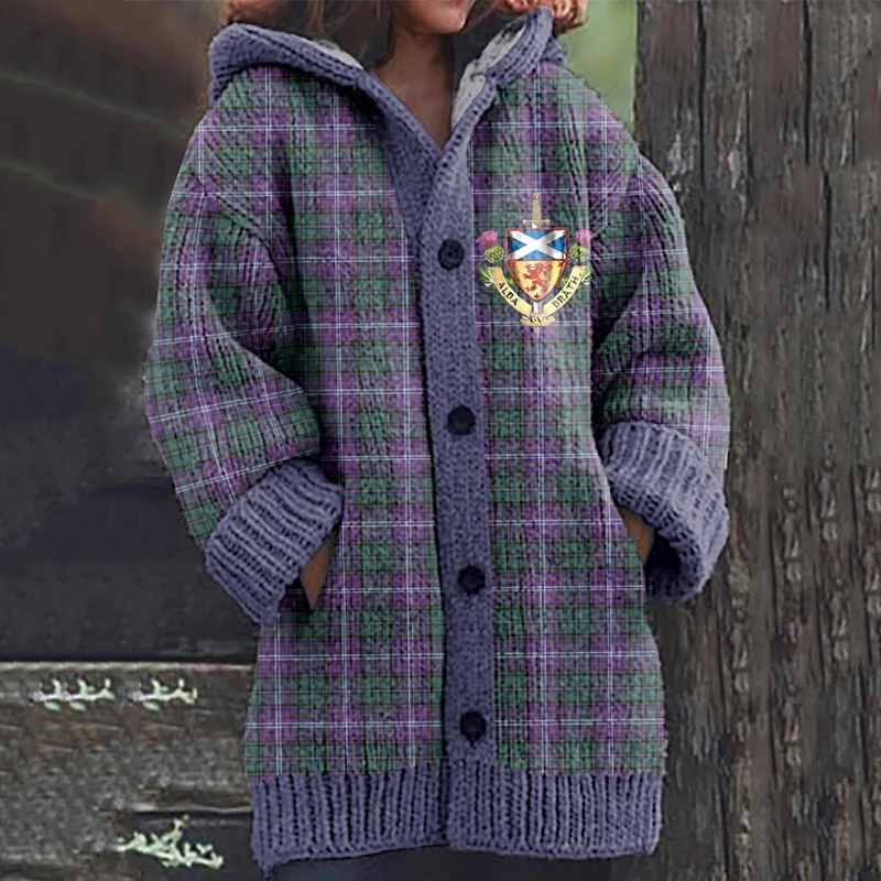 Scotland Plaid Print Knit Hooded Sweater Cardigan