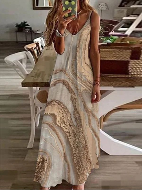 Chic Stamped Spaghetti-Neck Maxi Dress