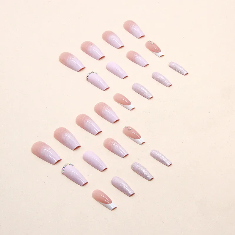 Churchf Churchf Long Pink Lines Simple Pure To Drill Fake Nails Ins Wind Wear A Fashion Beauty A Piece