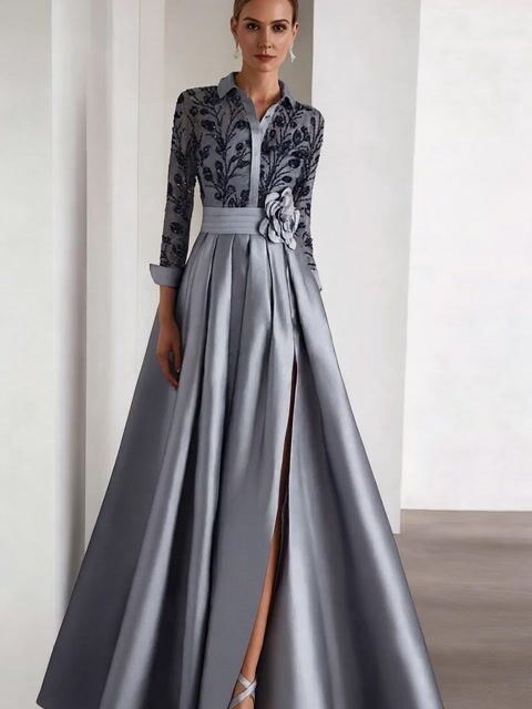 Elegant Satin Gown with Embroidered Bodice and Floral Waist Detail