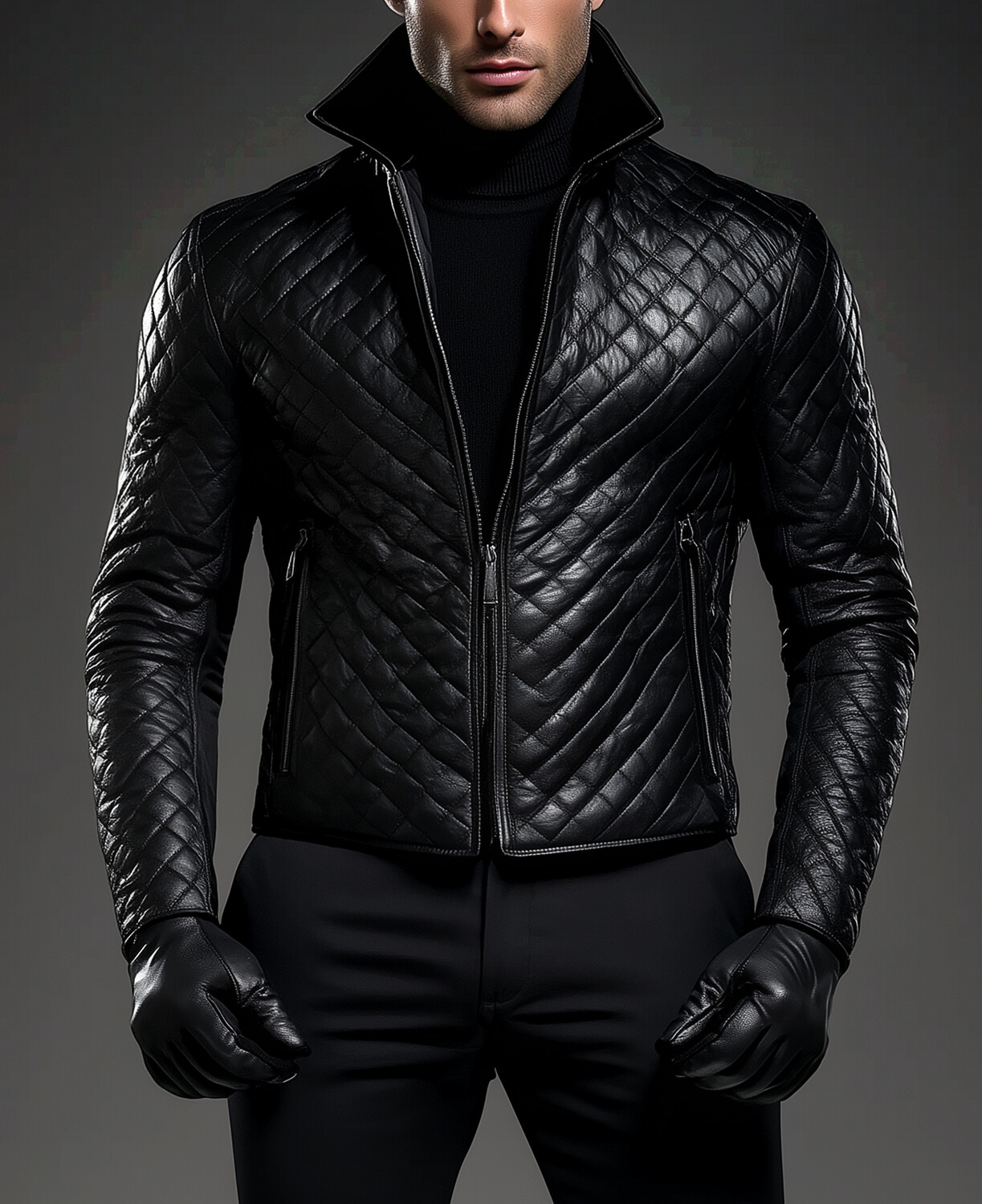 Okaywear Stand Collar Zipper PU Leather Quilted Jacket