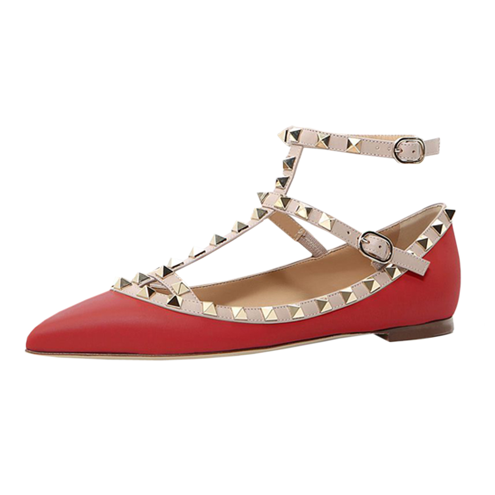 Women's Flats With Double Buckles Fashion Sexy Rivets Rockstud Daily Pointed Toe Ballet Matte Shoes-vocosishoes