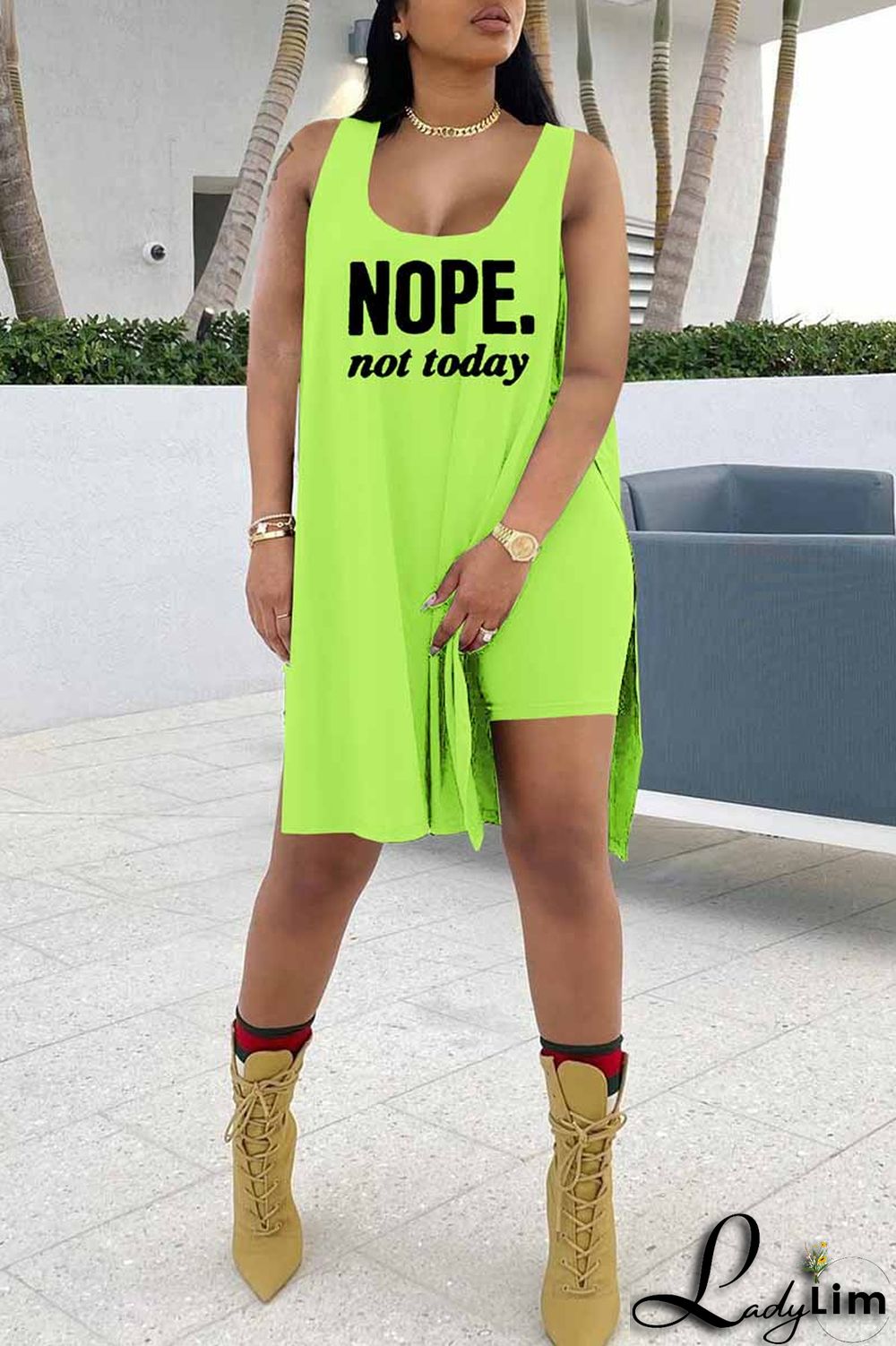 Red Fashion Casual Letter Print Slit U Neck Sleeveless Two Pieces