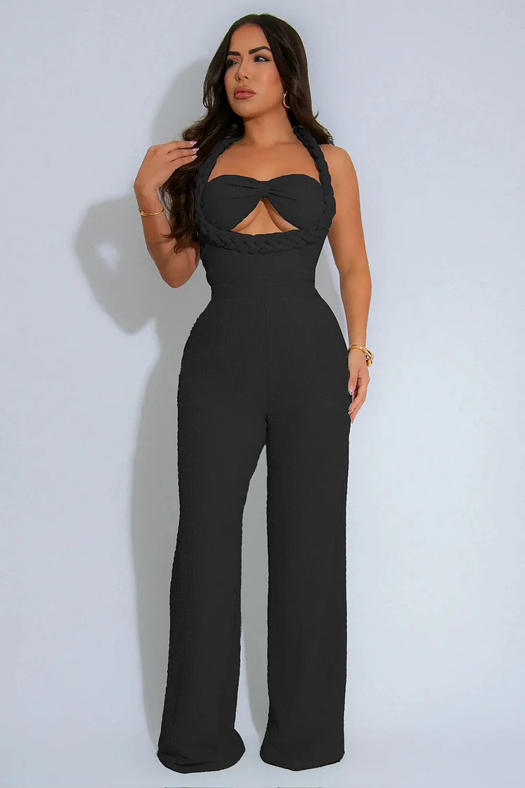 Braid Halter Backless Bow Cutout Cinched Wide Leg Jumpsuit-Green