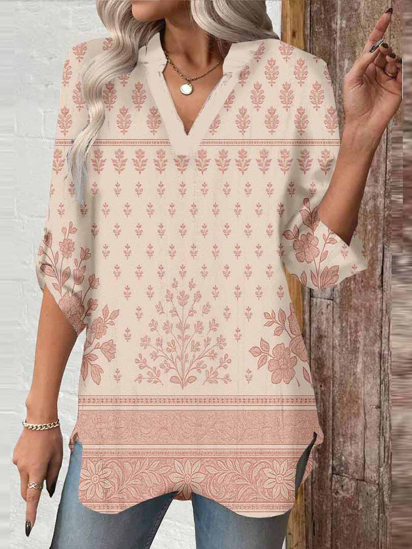 Women Geometric,Pink DZGA0295 3/4 Sleeve V-neck Printed Graphic Button Tops