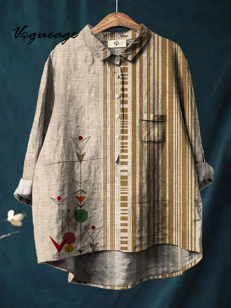 Fashion Striped Printed Cotton And Linen Women Shirt